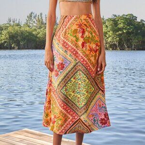 Farm Rio Mixed Scarves Lenzing™ Ecovero™ Viscose Midi Skirt Size M